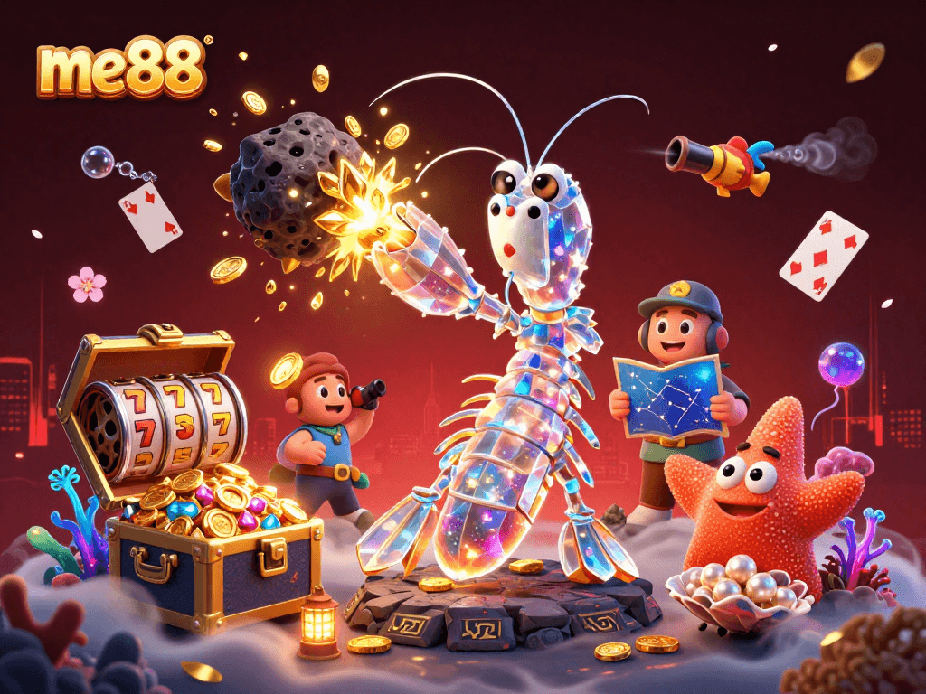 Experience the excitement of me88 with a cosmic samurai mantis shrimp exploring a game-filled underwater world.