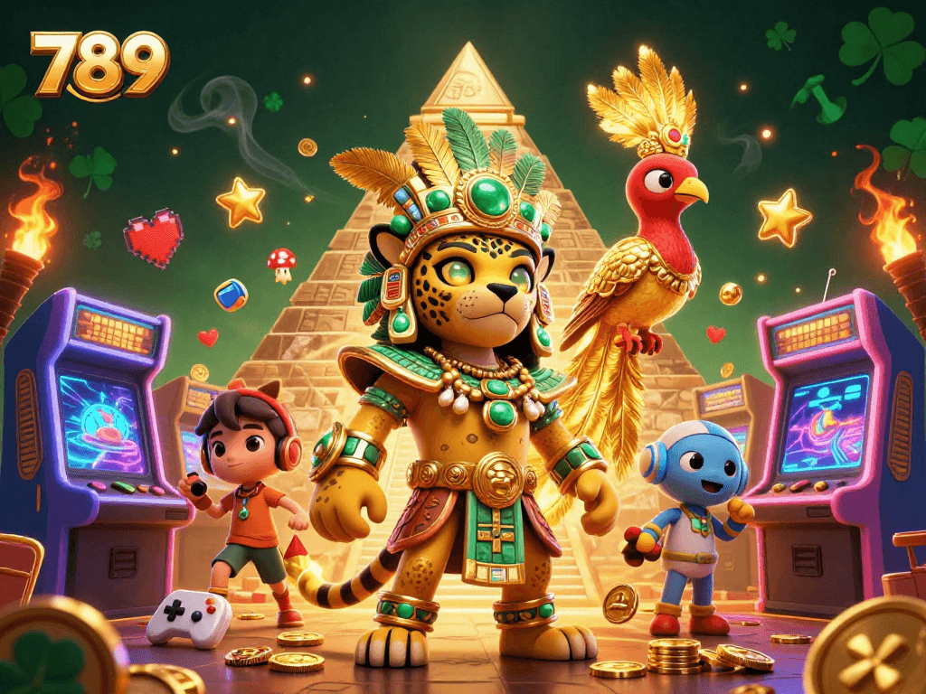 Engage in gaming at 789 with a 3D illustration featuring a Mayan priest and casino elements.