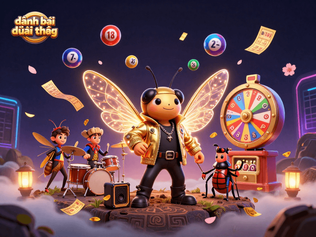 Engage in đánh bài đổi thưởng with vibrant lottery balls and a lively rock star scene.