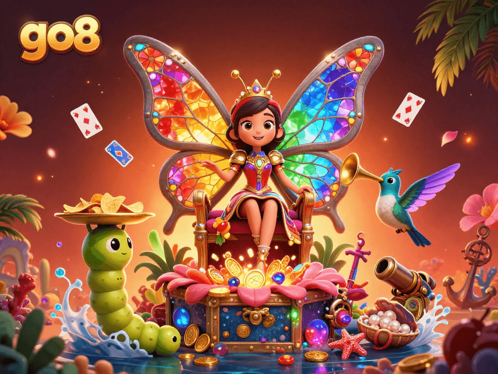 Experience the vibrant world of go8, where a butterfly queen and treasure fill a dynamic casino scene.