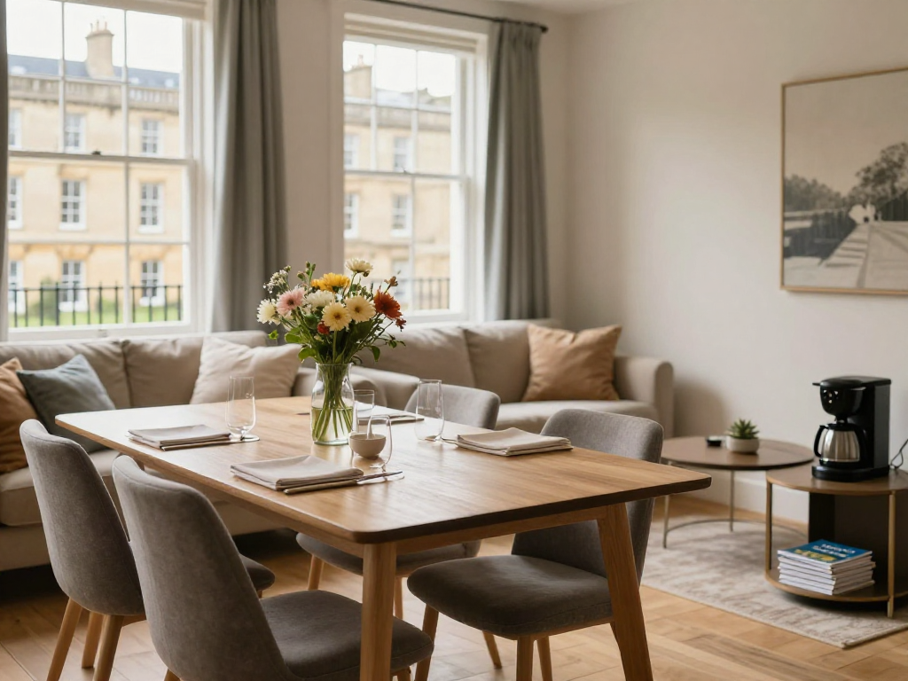 Inviting living space showcasing Airbnb management in Bath, set for guests with flowers and travel guides.