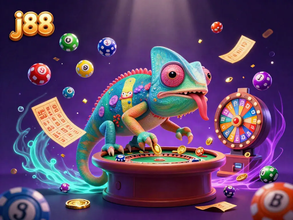 Experience the vibrant j88 casino world with lively games, golden coins, and playful lottery elements.