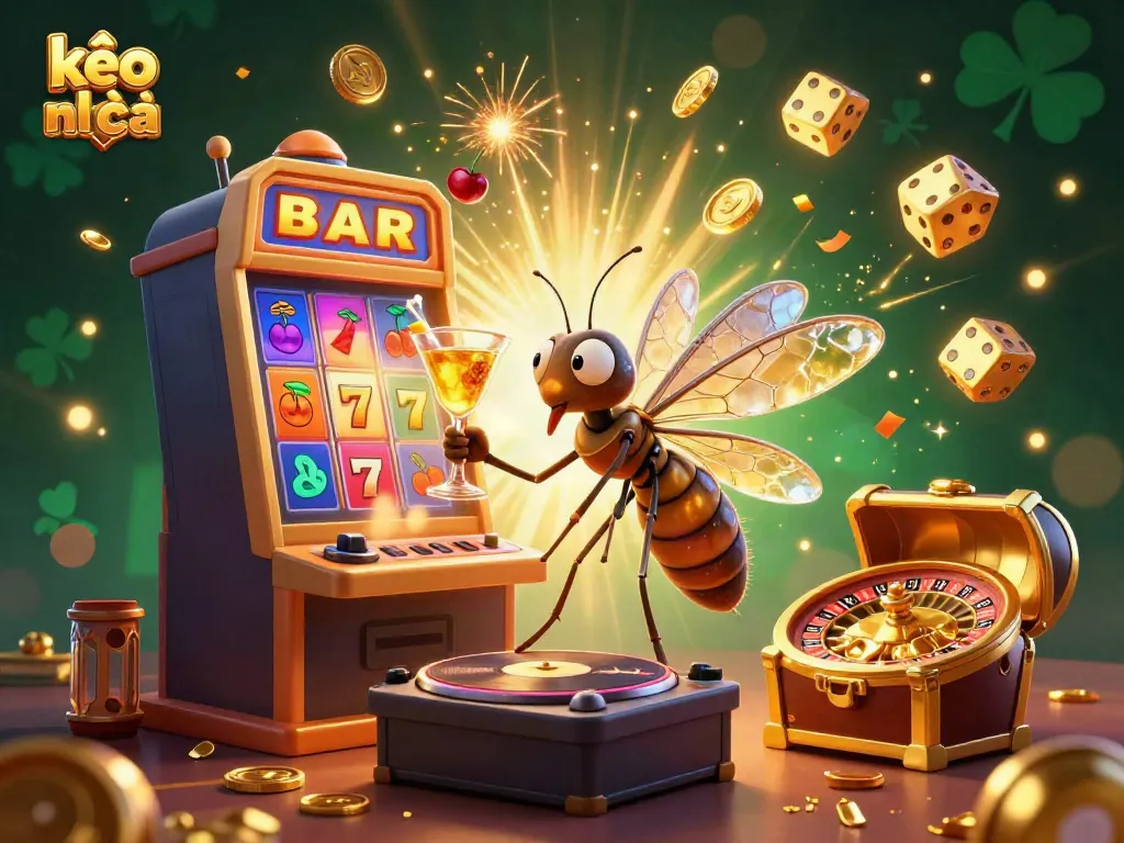 Celebrate kèo nhà cái with casino fun illustrated by vibrant characters and slot machine excitement.