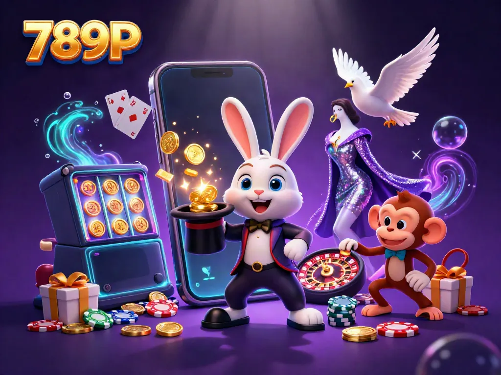 Engaging 789P casino scene with a magician rabbit, dove, and monkey amid golden coins and gaming elements.