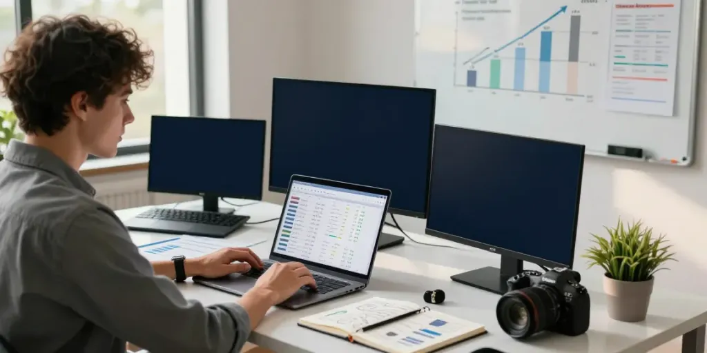 Digital marketer analyzing SEO data and instant indexing strategies in a modern office.