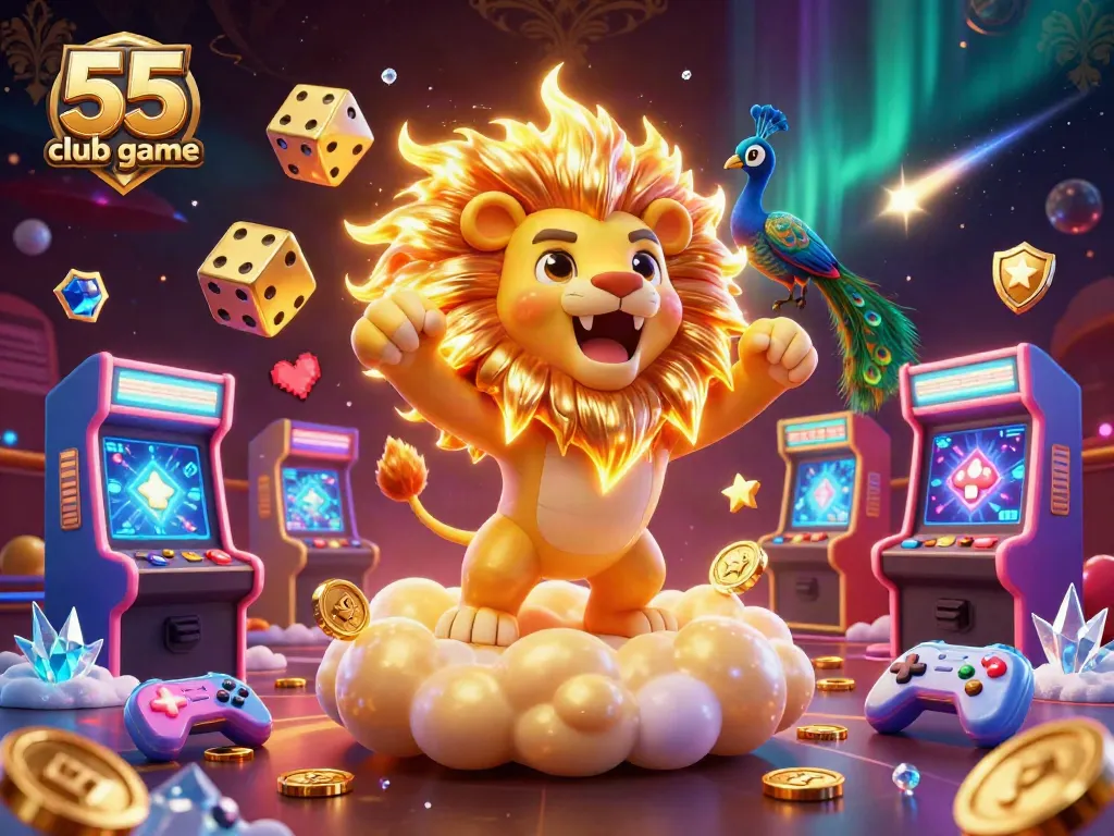 Experience the excitement of 55 club game with a vibrant 3D illustration featuring a roaring lion and vibrant casino elements.