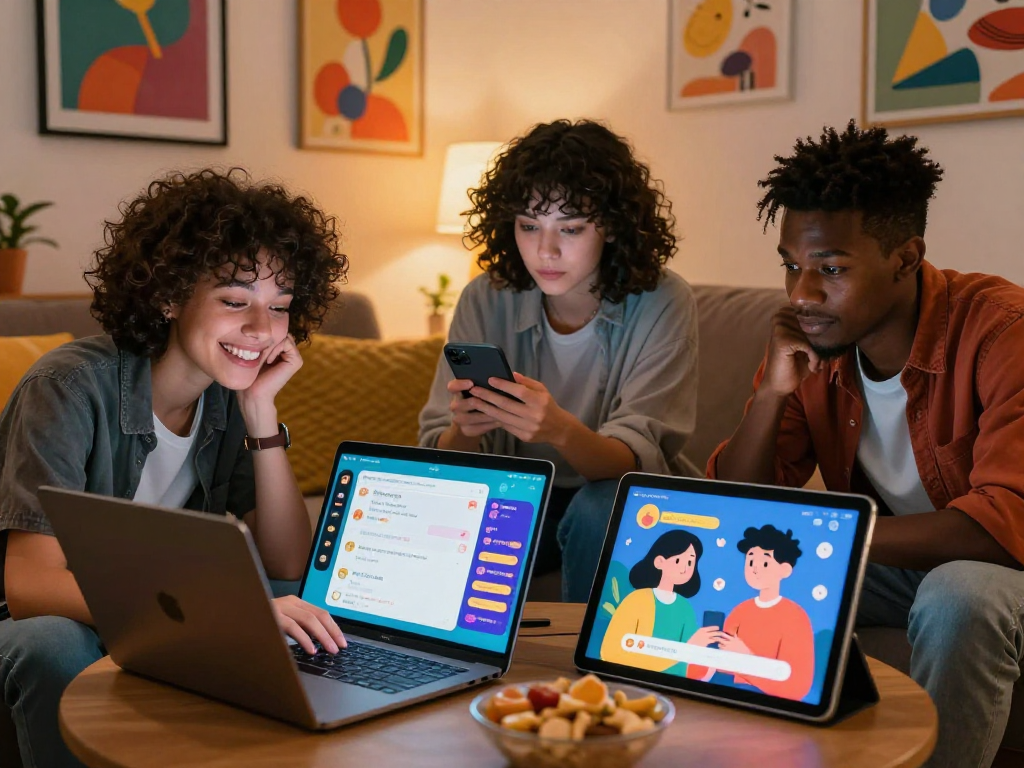 Interactive group enjoying AI chat NSFW content on diverse devices in a cozy setting.