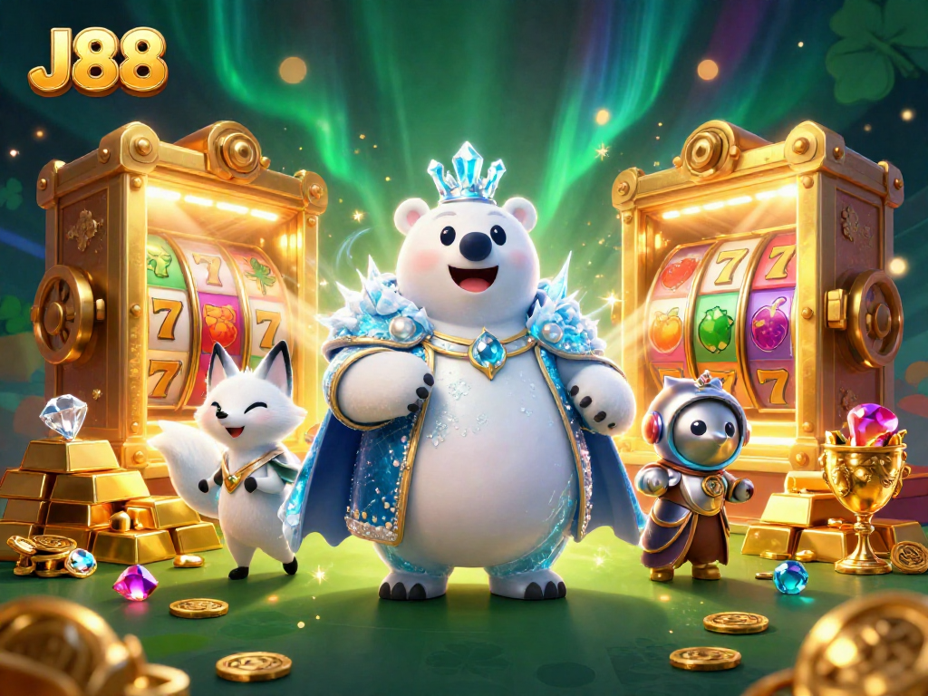 Engage with J88 in a vibrant 3D casino scene featuring a polar bear king and fox, rich with treasures.