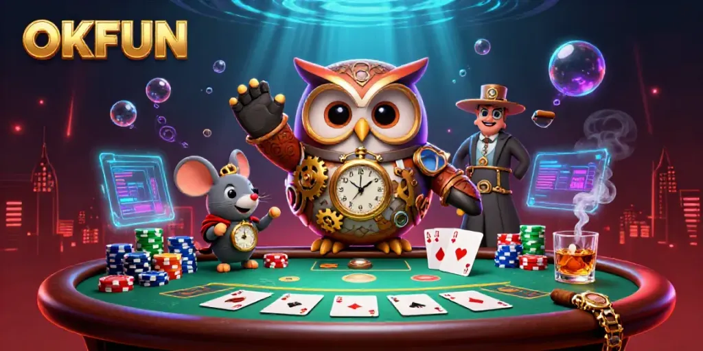 Experience thrilling gaming action with OKFUN's animated time-traveler owl and poker elements in a vibrant casino scene.