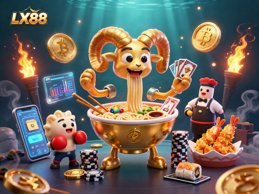 Engage with LX88's vibrant casino scene featuring a golden ramen bowl dealer amidst crypto elements.