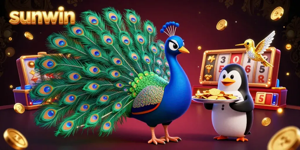 Spin the reels with sunwin in a vibrant casino scene featuring a dazzling peacock and a butler penguin.