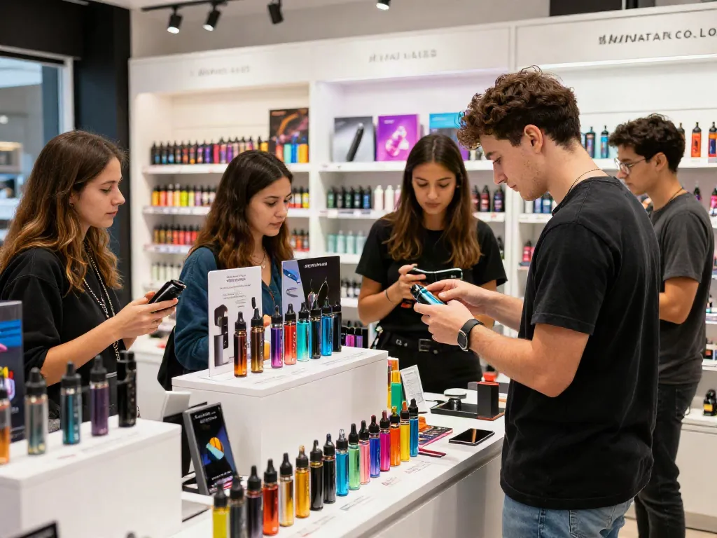 Discover what age can you buy a vape in the UK with customers browsing diverse vape kits and e-liquids.