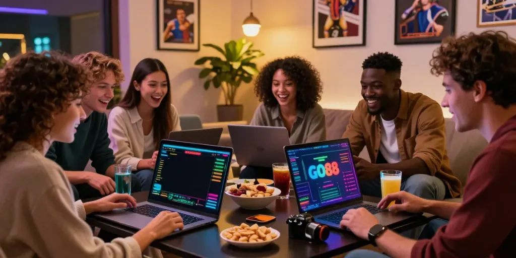 Friends excitedly discussing strategies for GO88 bet while enjoying their evening.