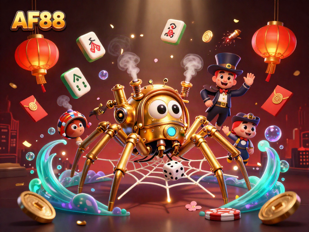 Engage with AF88-themed 3D casino art featuring vibrant steampunk elements in an energetic scene.