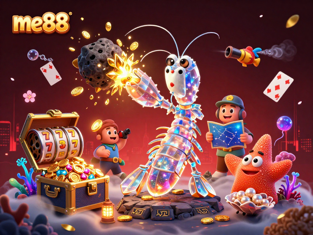 Experience the excitement of me88 with a cosmic samurai mantis shrimp exploring a game-filled underwater world.