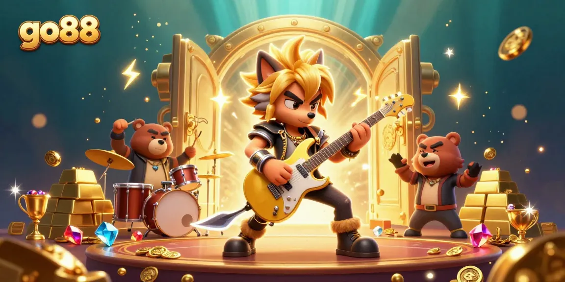 Experience go88 excitement with a rock star wolf and drummer bear in a vibrant casino scene.