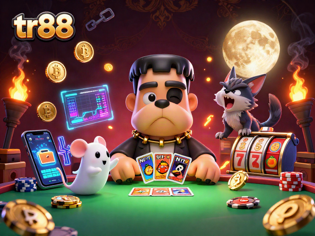 tr88 featuring a lively casino scene with a cartoon bulldog and gold elements as they deal cards.