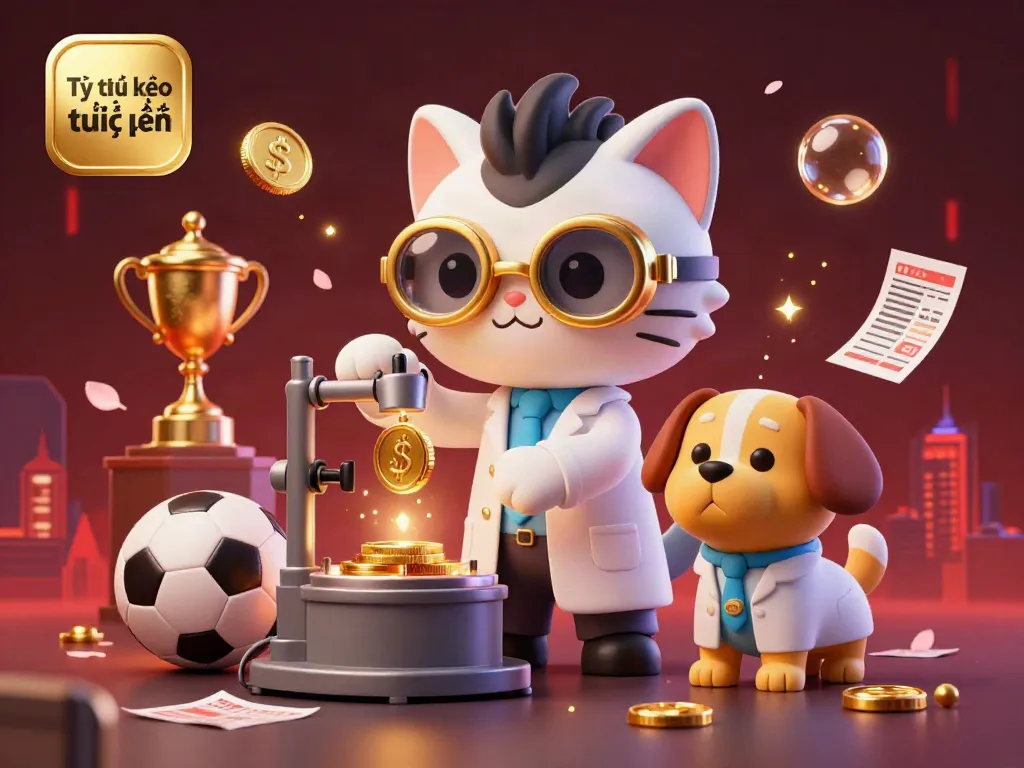Tỷ lệ kèo trực tuyến visualizes dynamic sports betting scene with animated characters and lively elements.