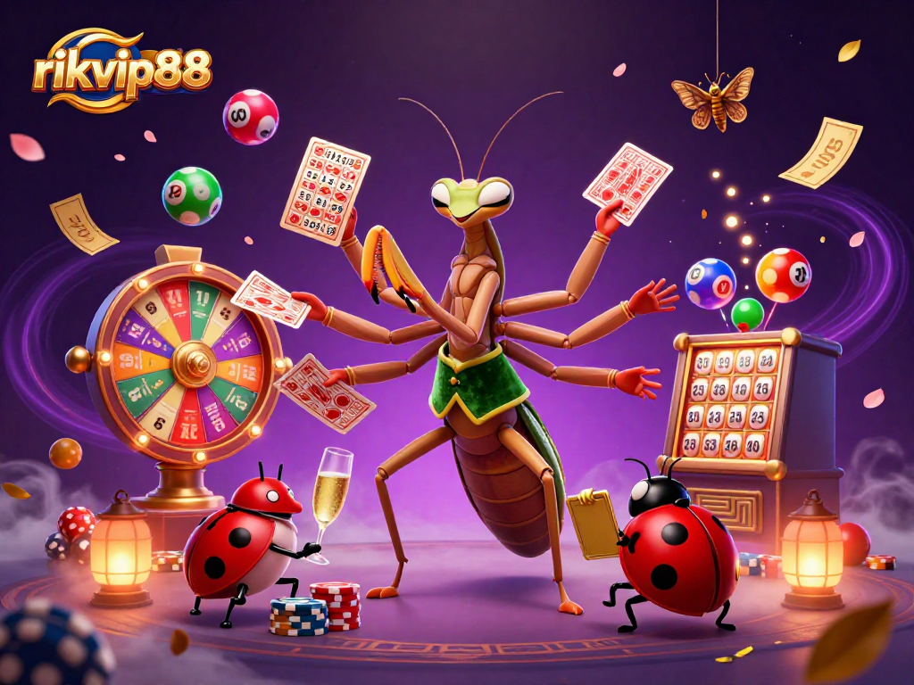 Experience the vibrant actions of the rikvip88 casino scene with a giant praying mantis and ladybug pit boss.