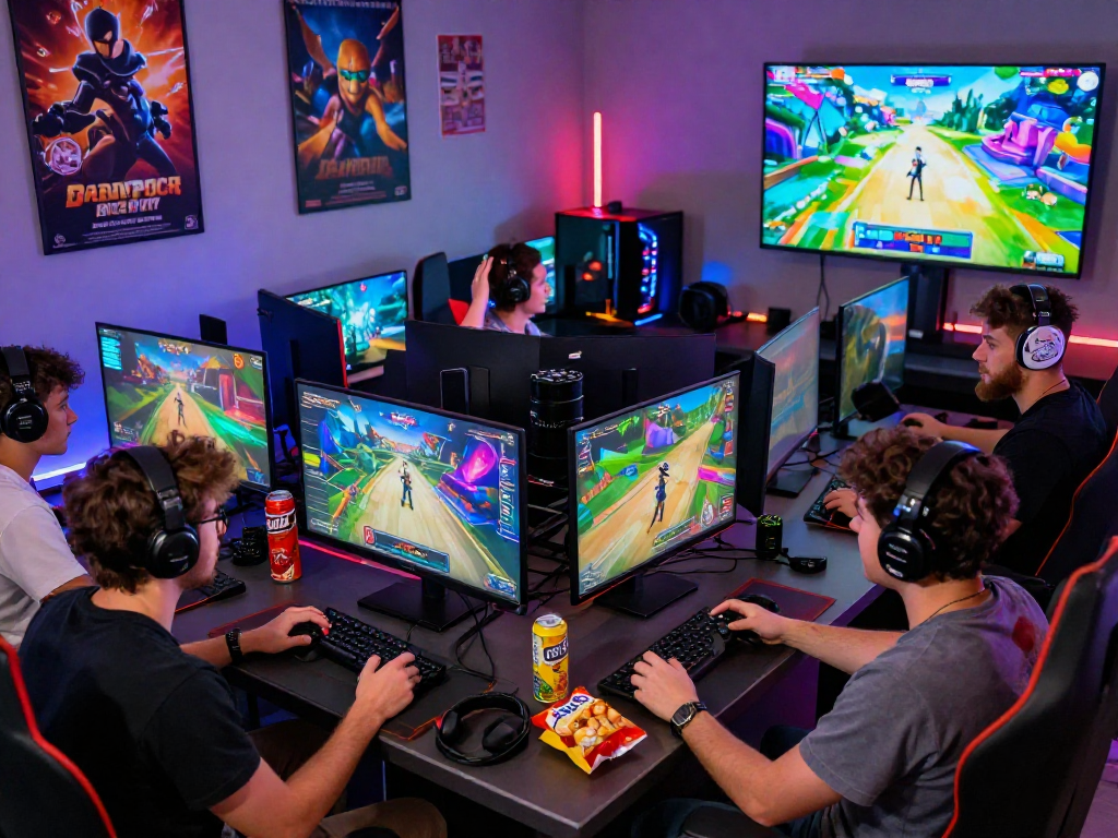 Gamers enjoying popular porn games in a colorful gaming room with vibrant decor and engaging atmosphere.