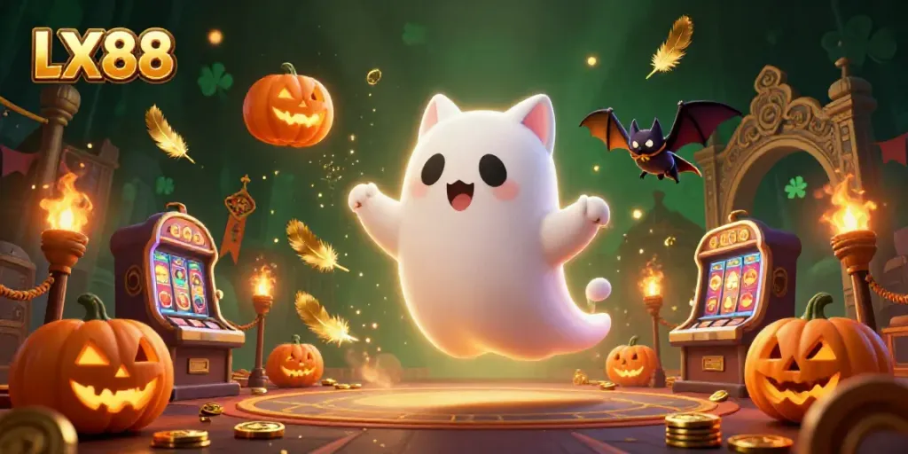 Experience the thrilling world of LX88 with a ghost cat and vampire bat amidst vibrant casino elements.