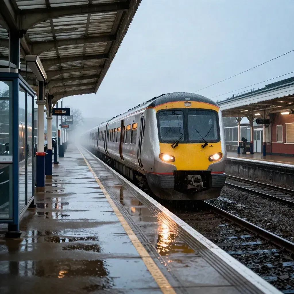 Wet UK station with commuter train nose, cycle shelter, bus bay and car-share pull-in at dawn.