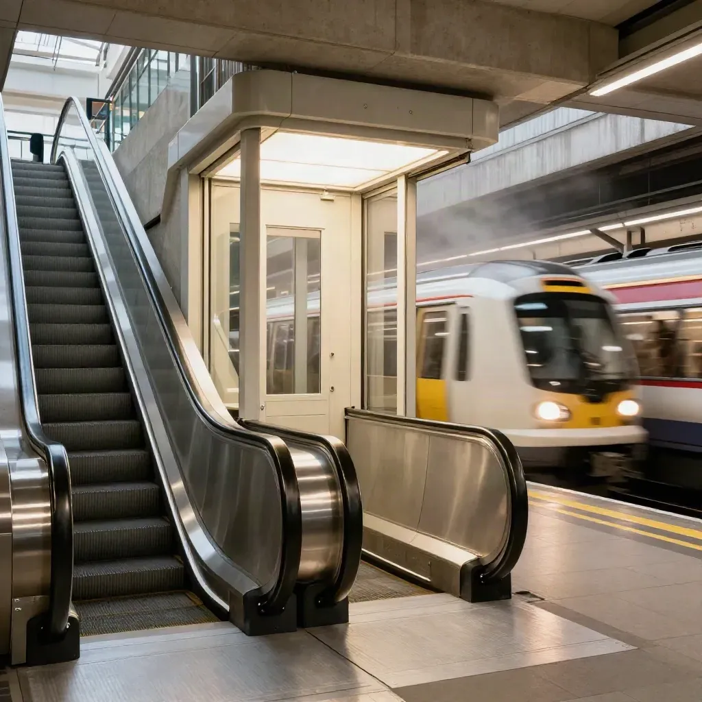 Escalator, lift doors and a train arriving in a bright London station interchange.