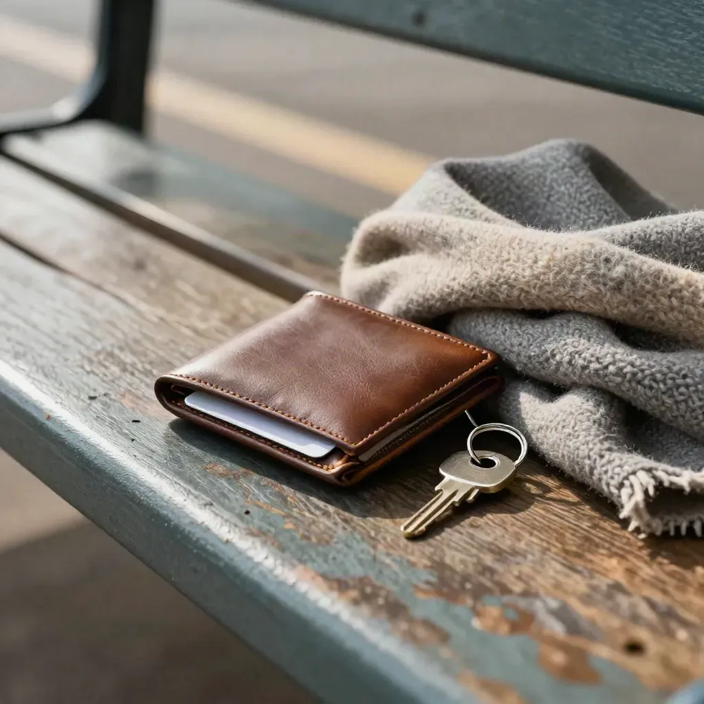 Wallet, keys, and folded scarf on a station bench in soft morning light.