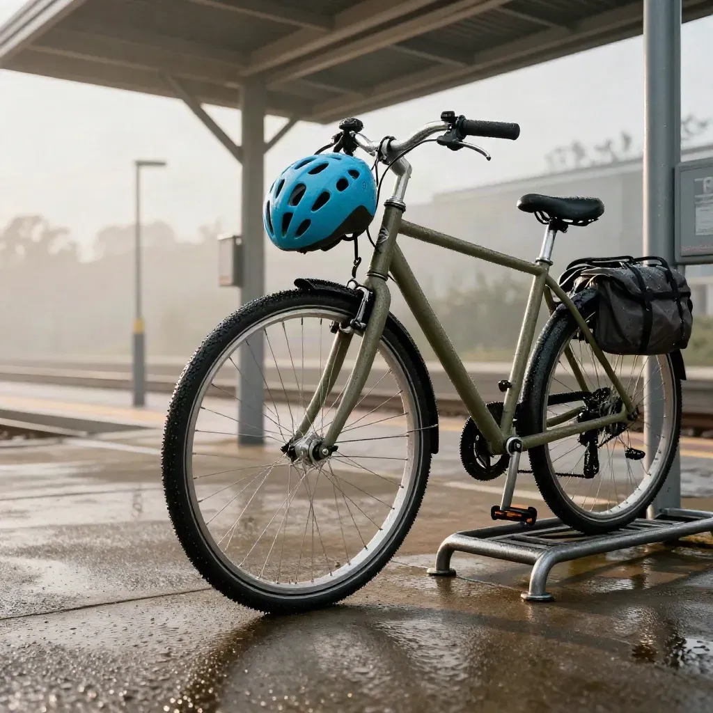 Wet commuter bike rolls into a station rack under a shelter in soft drizzle.