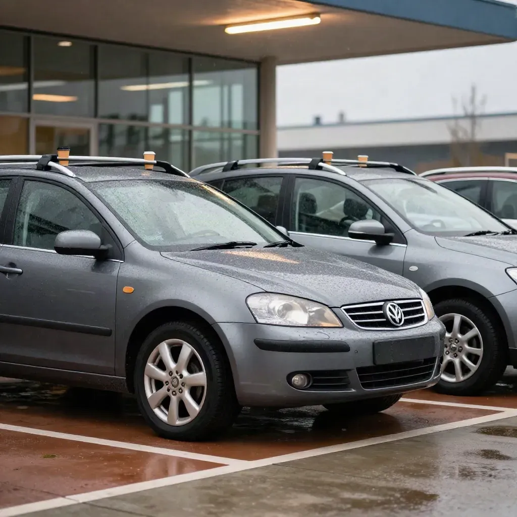Two wet commuter cars settling side by side in an office car park with coffee cups and roof racks.