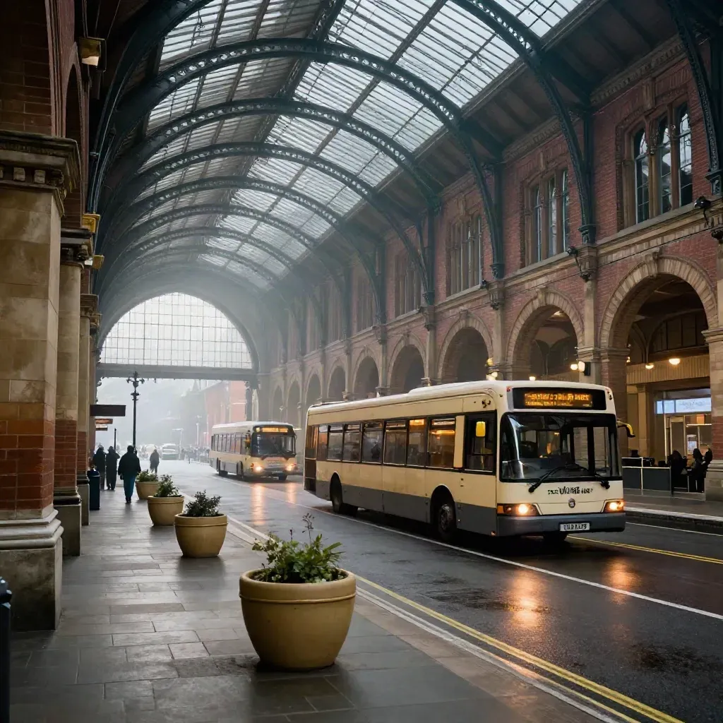 Low-angle view of Bristol Temple Meads brick arches and a bus turning in morning haze.