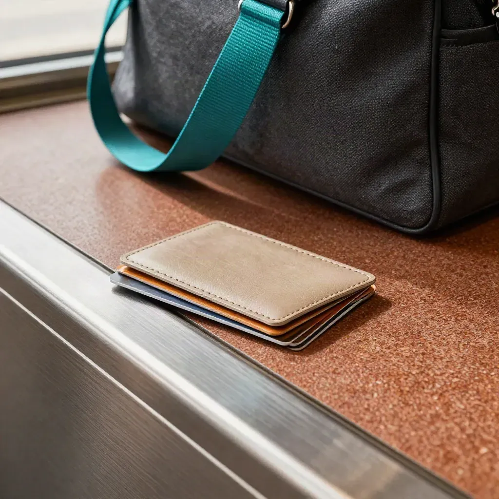Contactless pass cards, wallet and commuter bag beside a station gate in warm daylight.