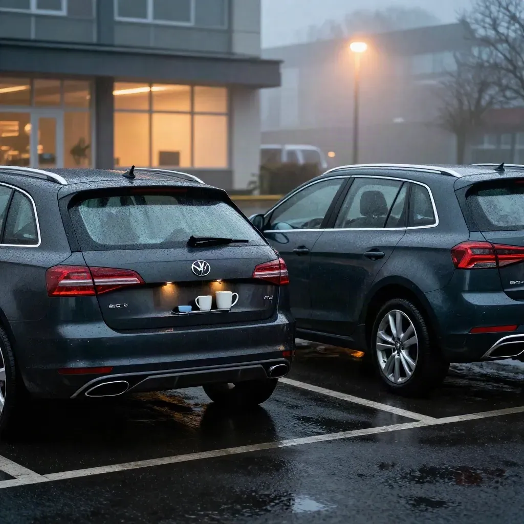 Two shared cars in a wet evening car park with mugs, a folded coat, and misty reflections.