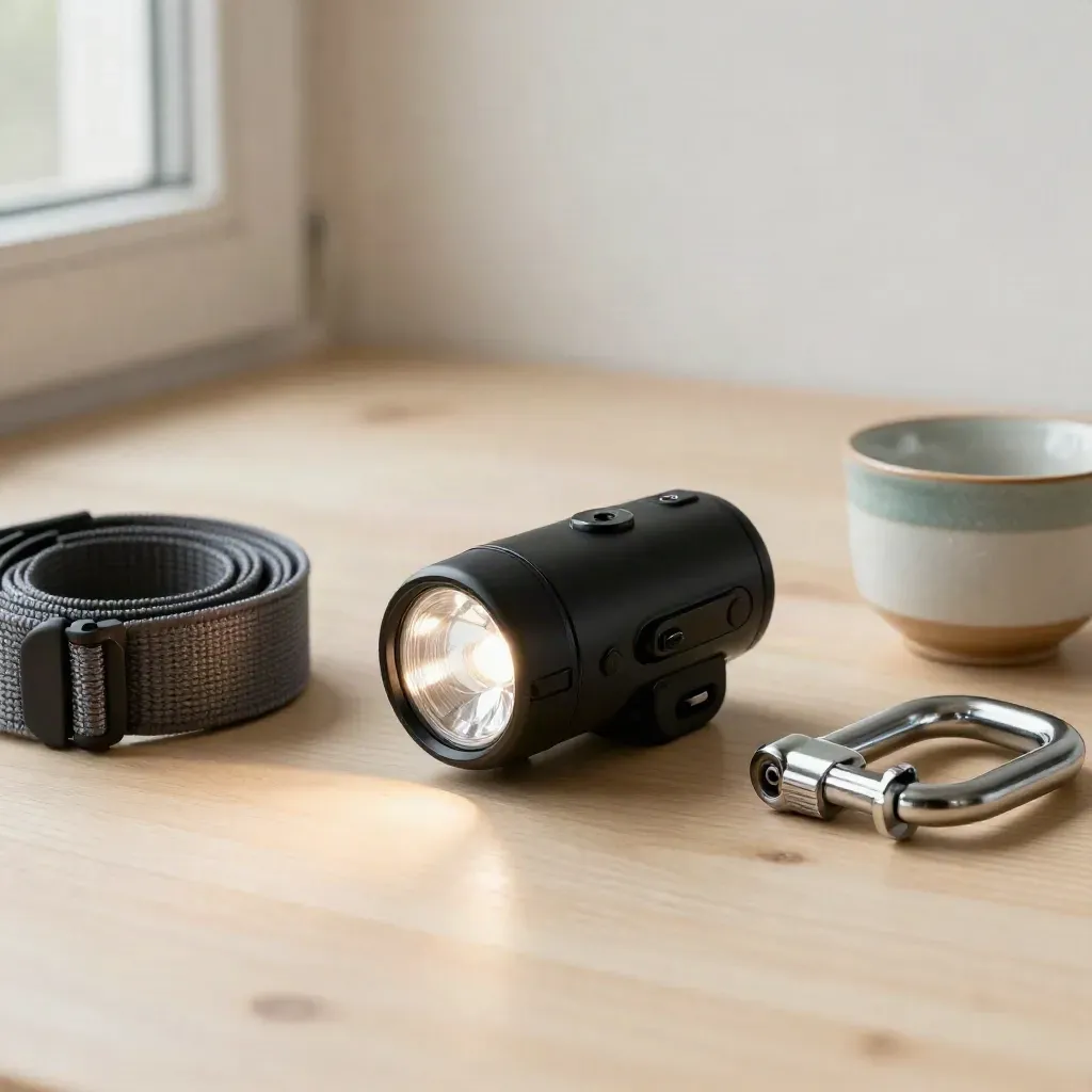 Glowing bike light, D-lock, helmet strap and ceramic cup on pale wood