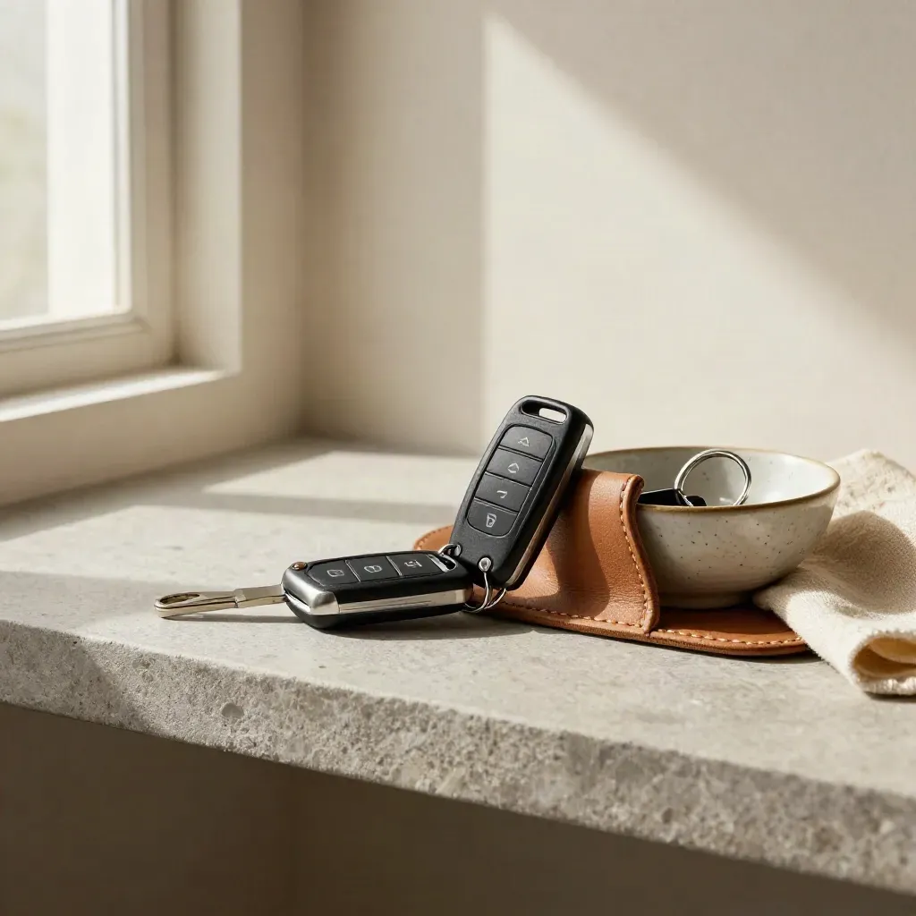 Two car key fobs with leather catchall and ceramic bowl on a warm-grey stone shelf.