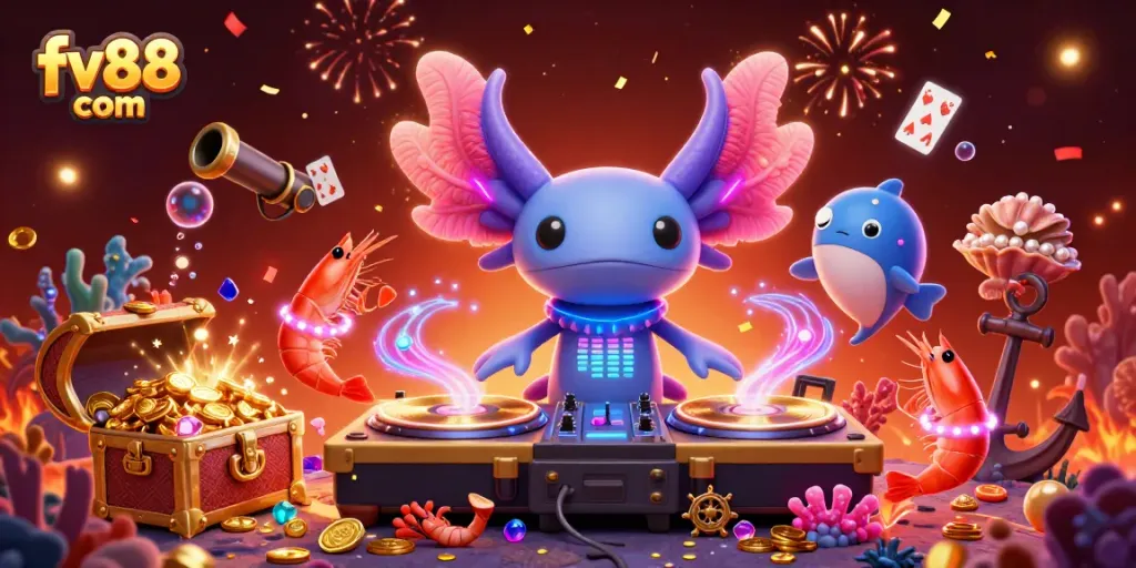 Join the fun at fv88 com with a vibrant underwater casino party featuring a DJ axolotl!