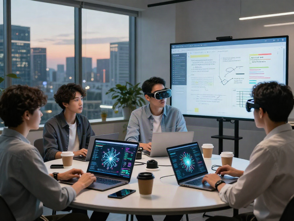Dynamic workspace showcasing professionals using 18+ ai technology for collaboration and innovation.