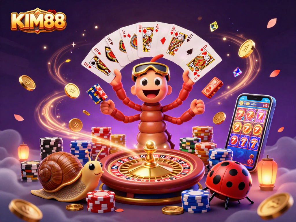 KIM88's immersive scene showcases a playful casino environment with cartoon characters interacting dynamically.