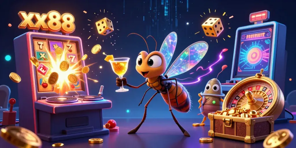 Engage with thrilling xx88 casino action featuring a lively 3D mascot alongside game elements.