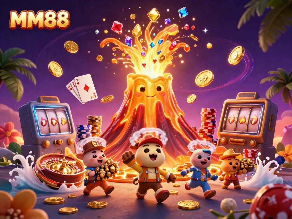 Engaging MM88 gaming scene with a jubilant golden volcano and shimmering gems, ideal for gamblers.