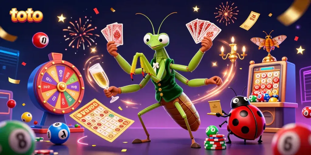 Engaging scene featuring a giant praying mantis casino dealer, adding excitement to gambling with toto.