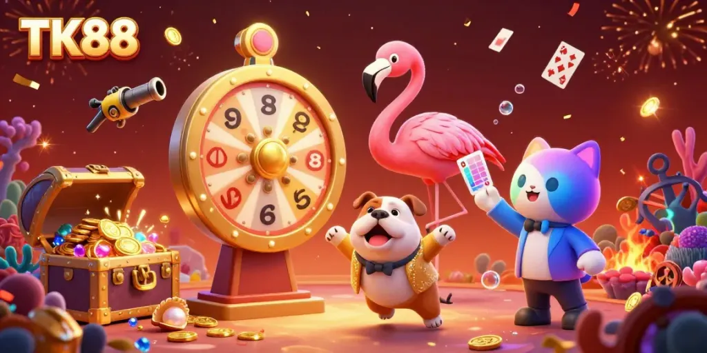 Experience the thrilling excitement at TK88 with a dynamic prize wheel and animated gaming elements.