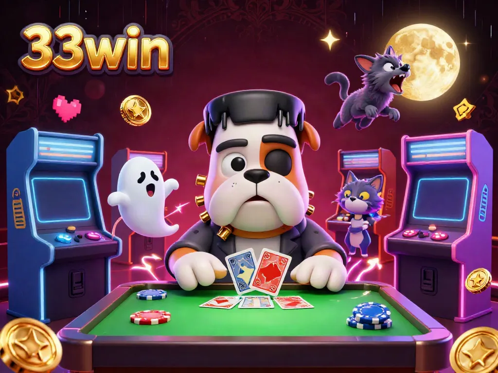 Play cards with the unique 33win character set in a vibrant, casino-themed digital illustration.