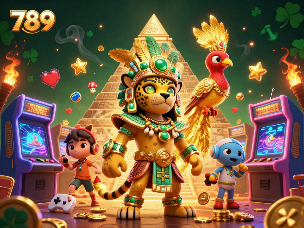 Engage in gaming at 789 with a 3D illustration featuring a Mayan priest and casino elements.