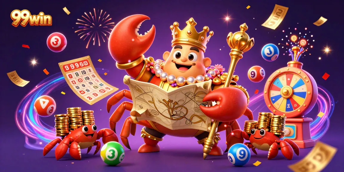 Engage with 99win's thrilling lottery scene featuring a golden crab emperor and vibrant game elements.