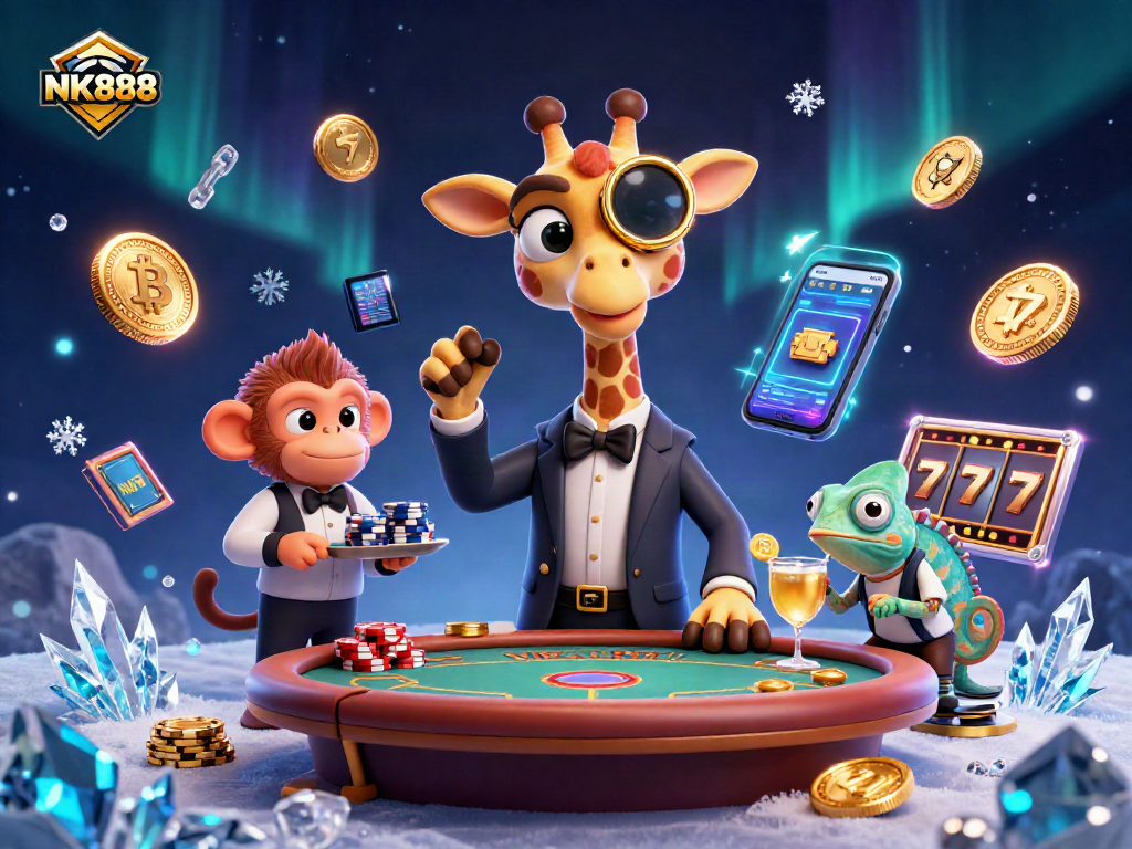 Engage with NK888 in a vibrant casino scene featuring a giraffe, a monkey, and a chameleon.