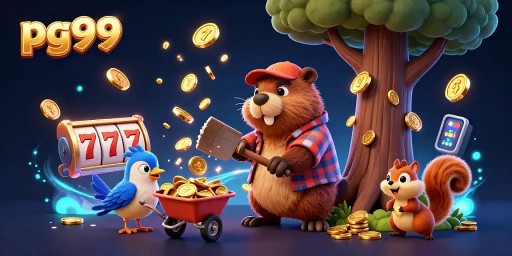 Engage with pg99 slots, featuring a fun scene of cartoon characters collecting golden coins.