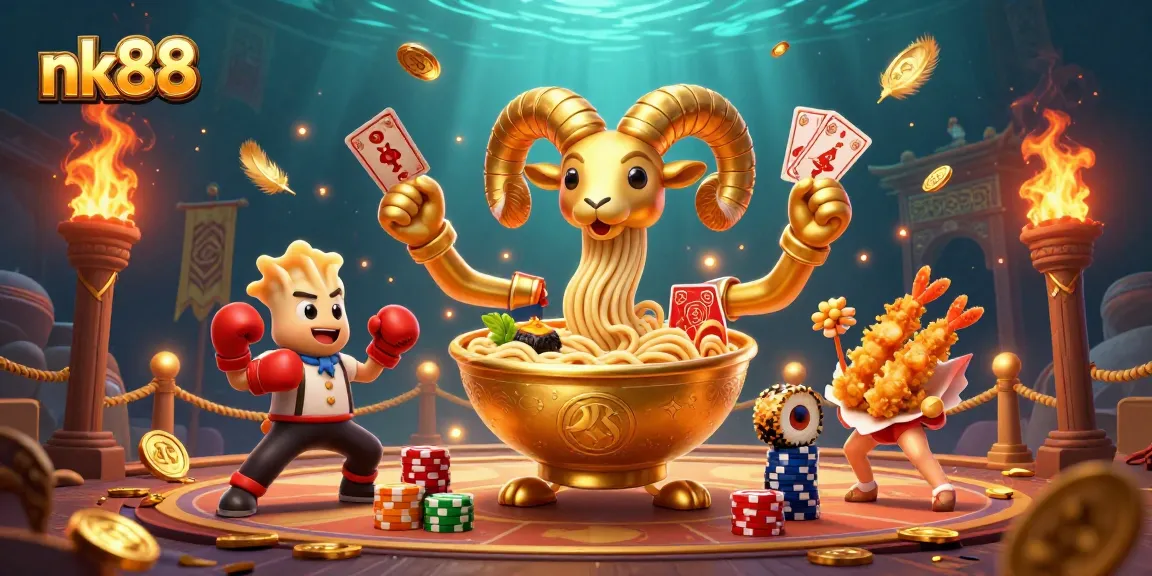 Engage in nk88's thrilling gambling scene with a vibrant 3D ramen bowl dealer and dynamic casino elements.
