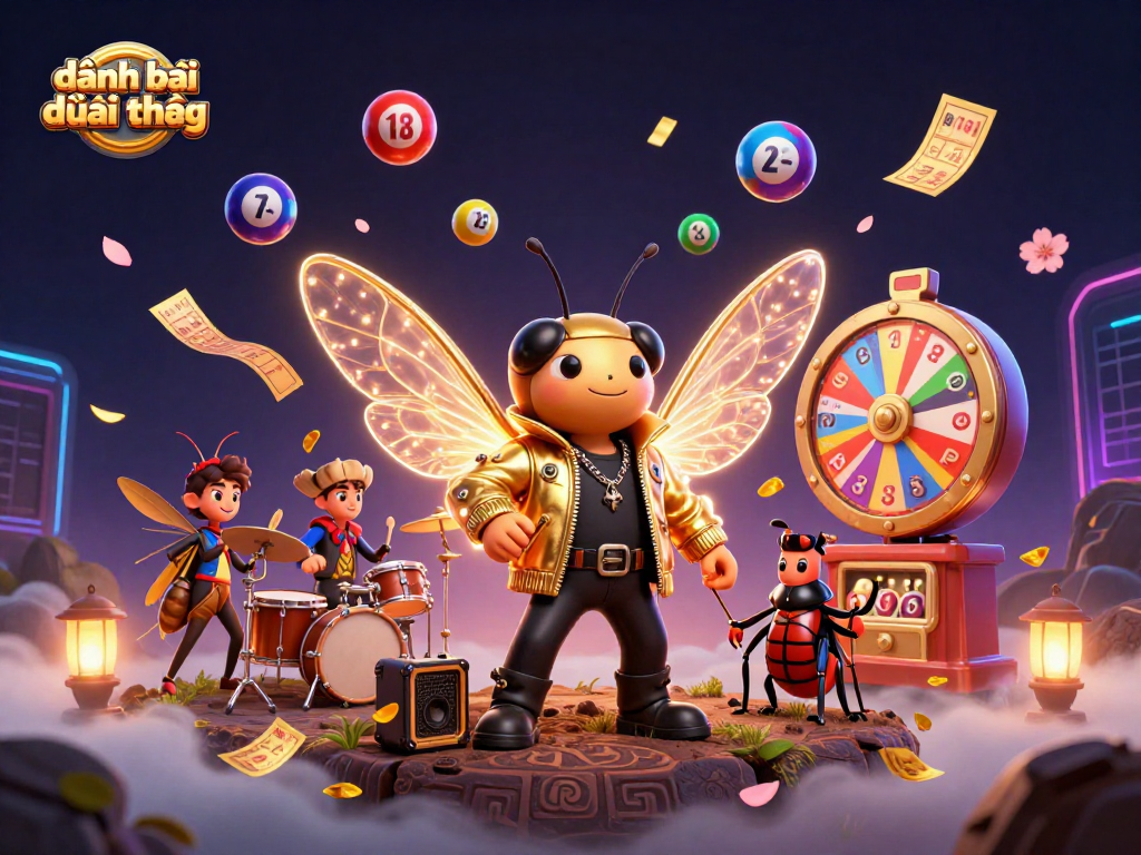 Engage in đánh bài đổi thưởng with vibrant lottery balls and a lively rock star scene.