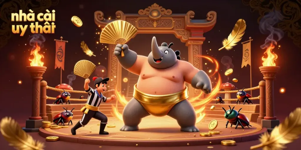 Engage with nhà cái uy tín as the rhinoceros beetle champion sends coins flying in a vibrant casino scene.